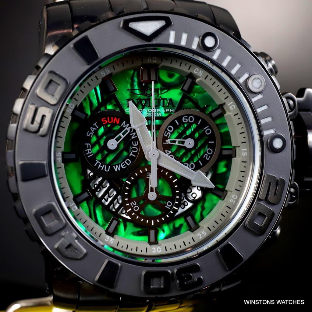 Invicta Sea Hunter Gen II Green Abalone Swiss Mvt 58mm Black Steel Watch New