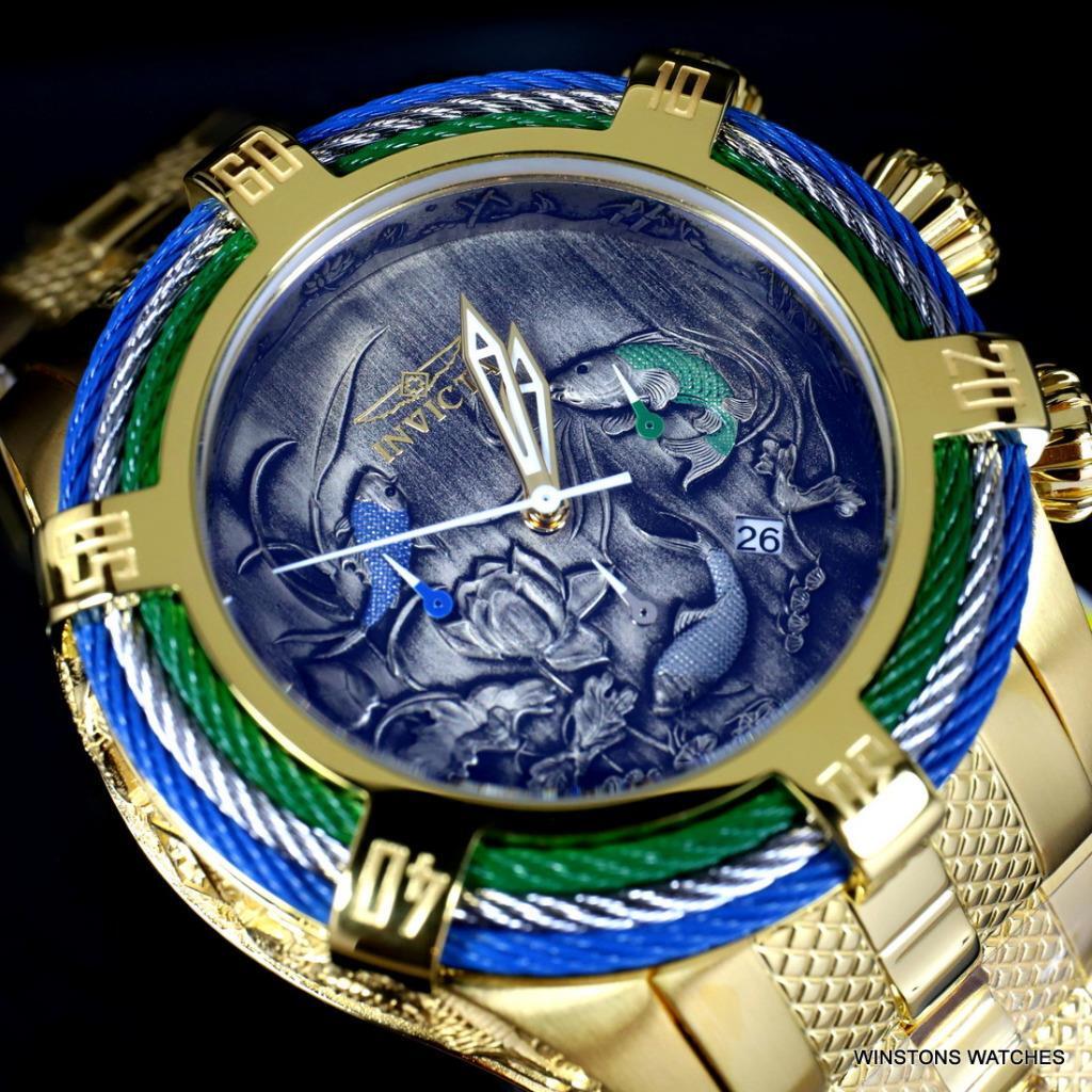 Invicta Bolt Tri Cable Green Blue Koi 54mm Gold Plated Steel Chrono Watch New