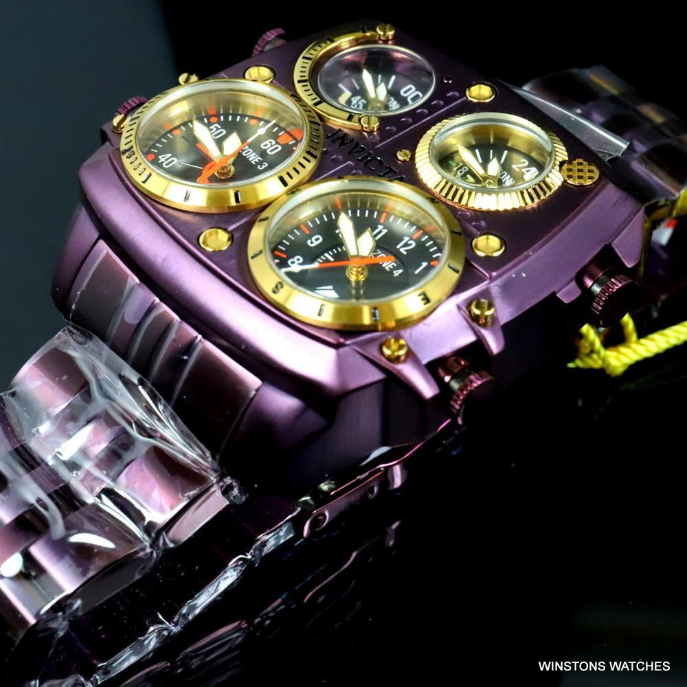 Invicta Aviator Zulu Purple Stainless Steel Bracelet Quad Time 50mm Watch New