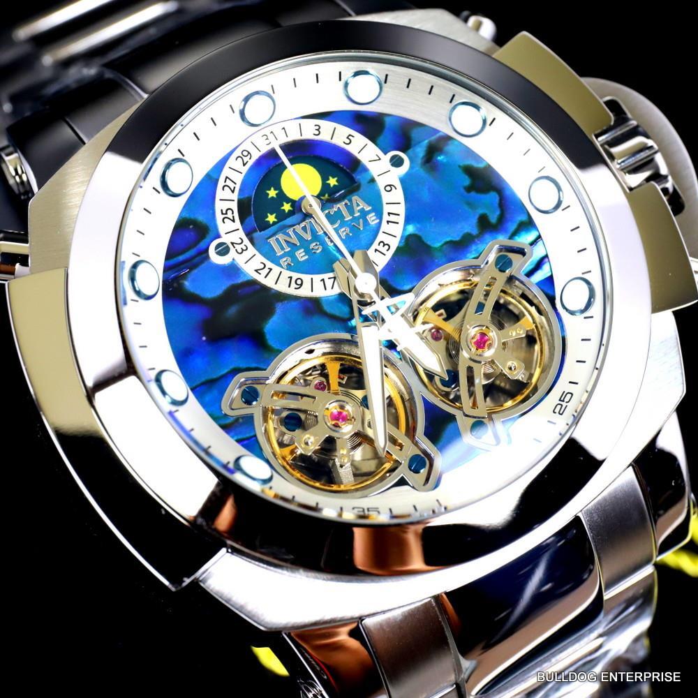 Invicta Man of War Double Open Heart Automatic Moon Blue Abalone Watch New