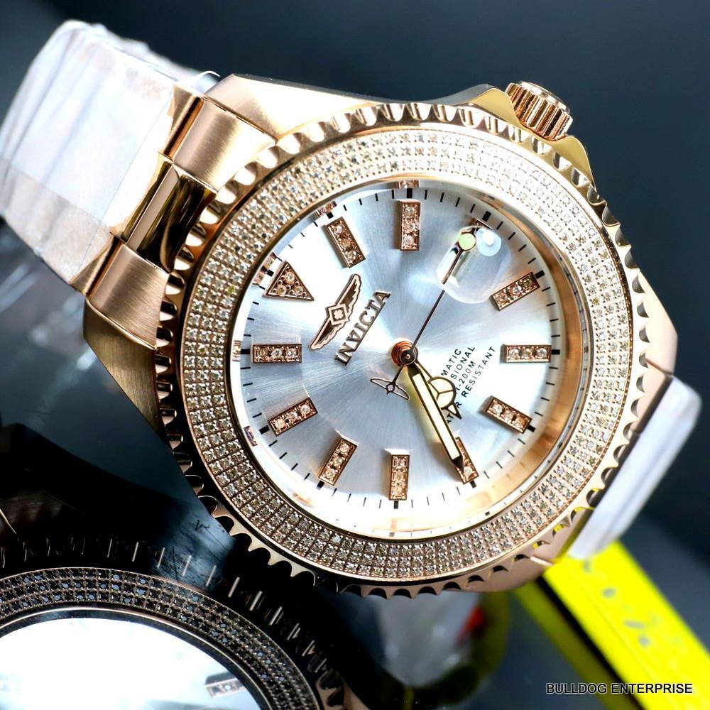 Invicta Pro Diver Automatic1.40 CTW Diamond Rose Gold Plated Silver Watch New
