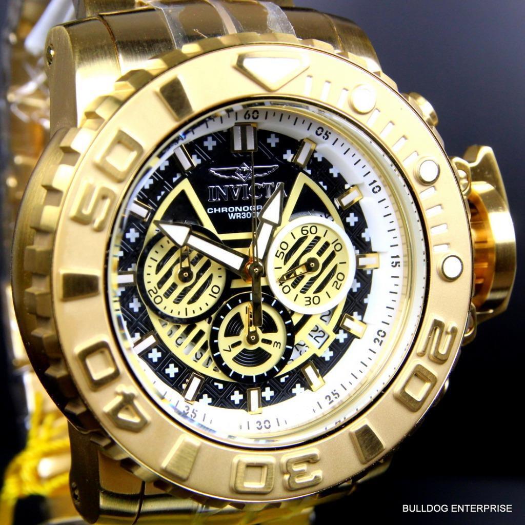 Invicta Sea Hunter III Black 70mm Swiss Mvt Chrono 18kt Gold Plated Watch New