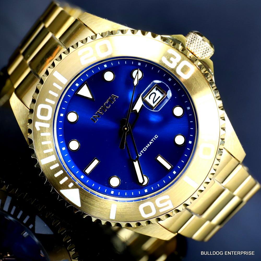 Mens Invicta Pro Diver Gold Plated Steel Bracelet Automatic Blue Watch 47mm New