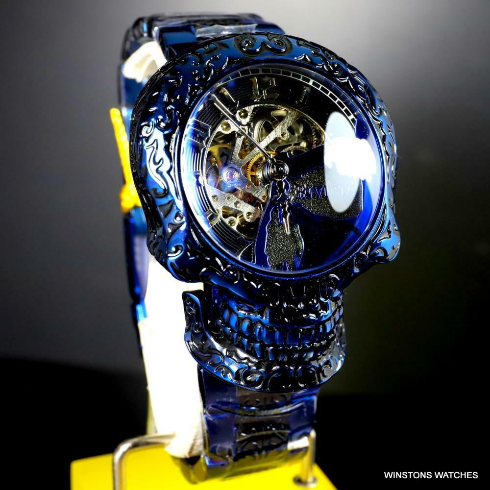 Invicta Artist Skull Automatic Skeletonized Blue Stainless Steel 50mm Watch New