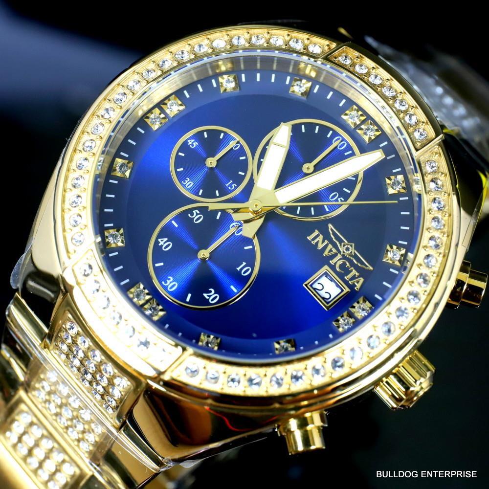 Invicta Specialty Crystal Accented Gold Plated Steel Blue 45mm Chrono Watch New