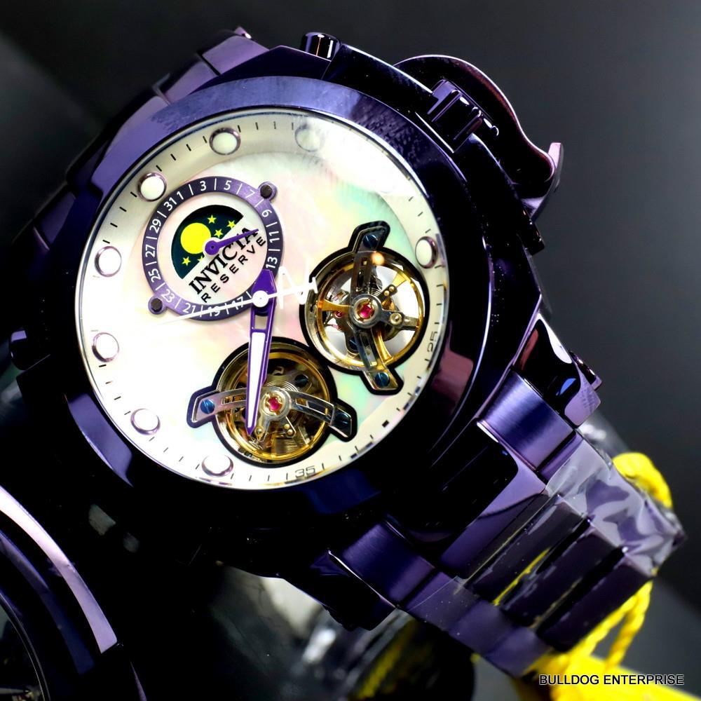 Invicta Man of War Double Open Heart Automatic Moon Phase MOP Purple Watch New