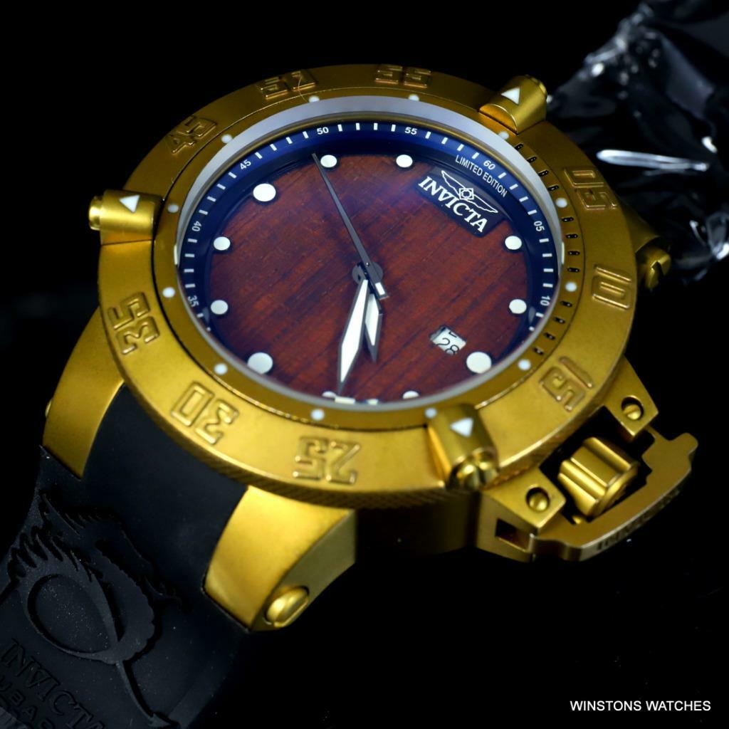 Invicta Subaqua Noma III Swiss Made Wood 50mm Distressed Gold Plated Watch New