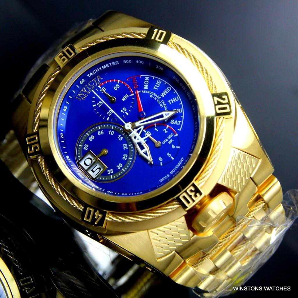 Invicta Bolt Zeus Tria Gold Plated Steel Blue 3 Swiss Mvt Dials 52mm Watch New