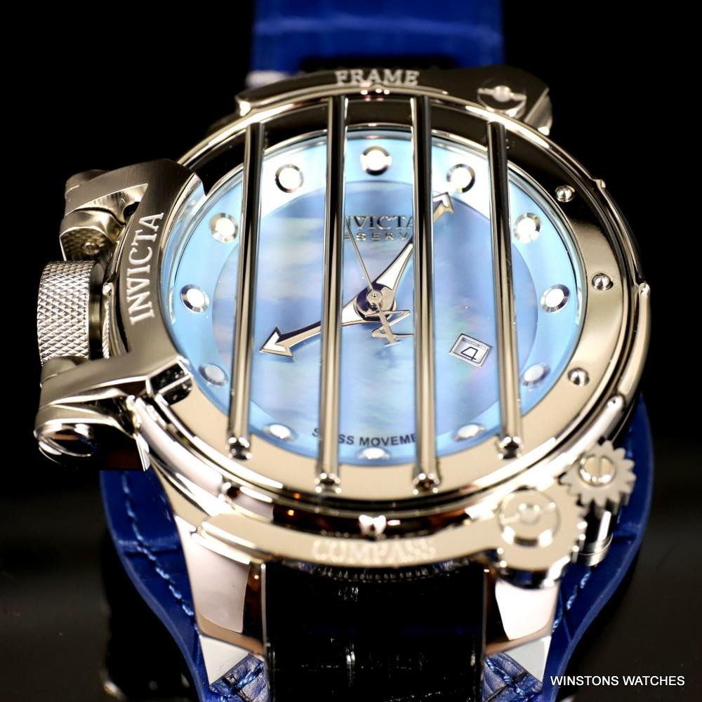 Invicta Russian Diver Compass Platinum MOP Blue Leather 52mm Swiss Mvt Watch New