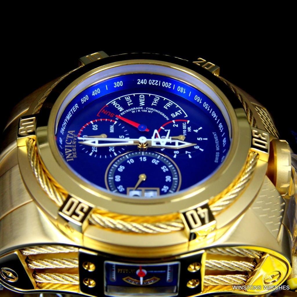 Invicta Bolt Zeus Tria Gold Plated Steel Blue 3 Swiss Mvt Dials 52mm Watch New