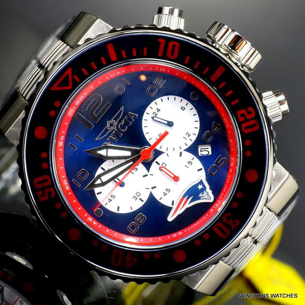 Invicta NFL Grand Pro Diver New England Blue Red Steel Chrono 52mm Watch New