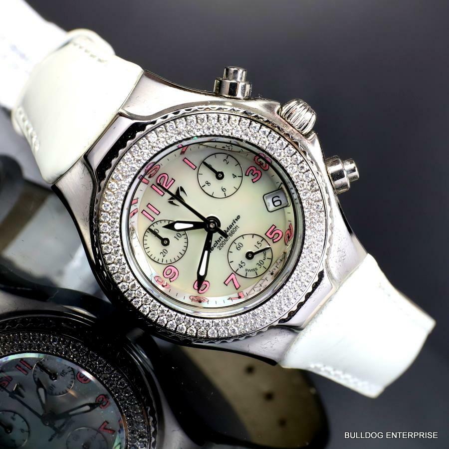 Ladys Technomarine 128 Diamonds Swiss Made Chrono White MOP Leather Watch New