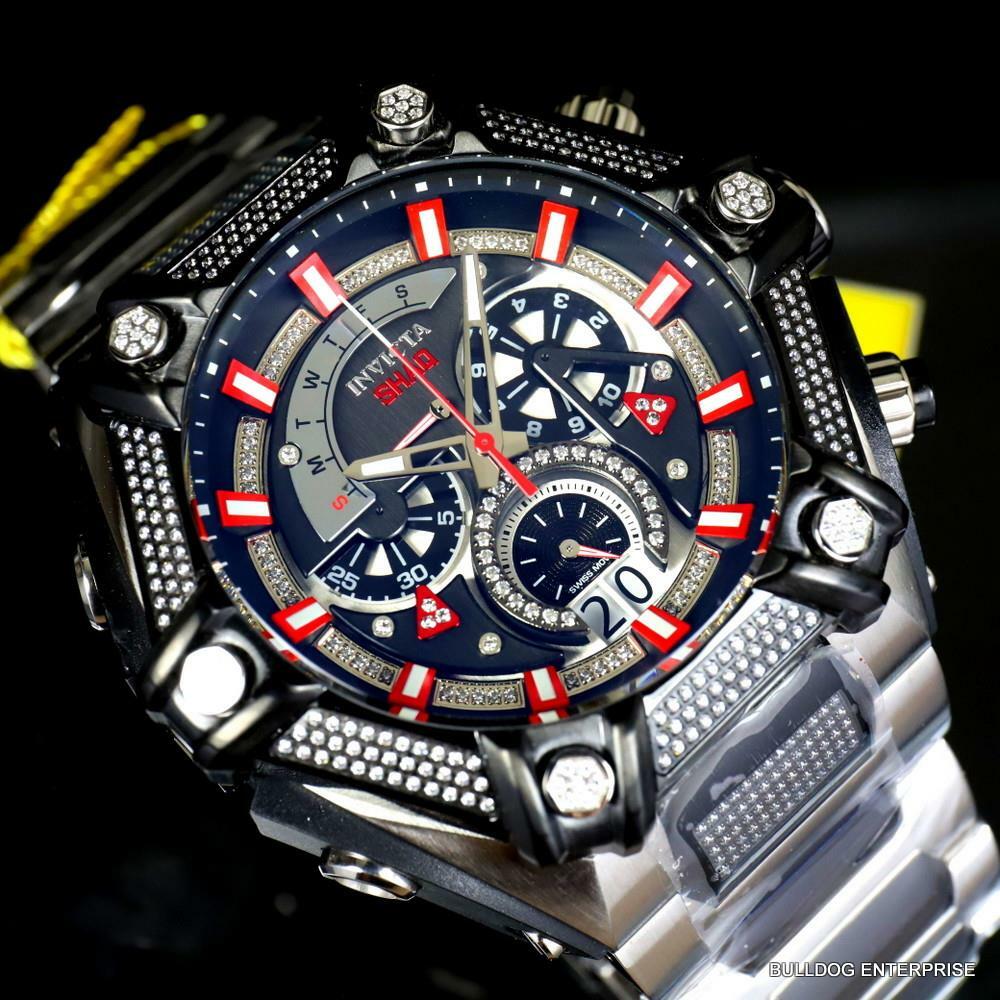 Invicta Shaq Bolt 1.4CTW Diamond Steel Swiss Mvt Chrono Black Red Watch 60mm New