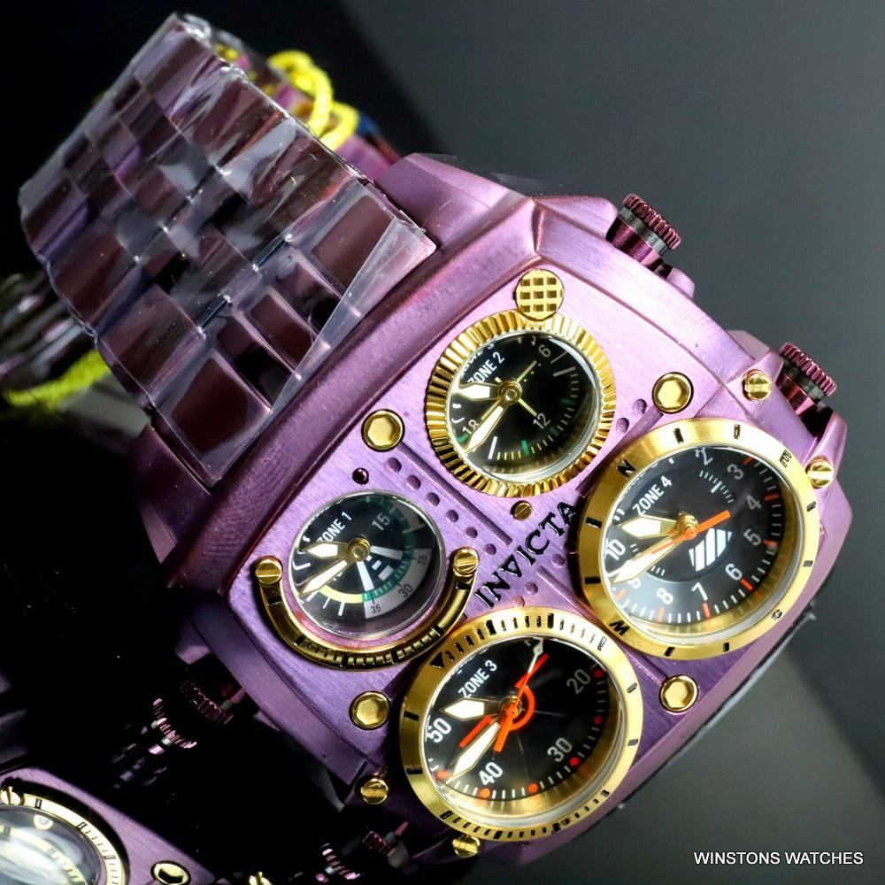 Invicta Aviator Zulu Purple Stainless Steel Bracelet Quad Time 50mm Watch New
