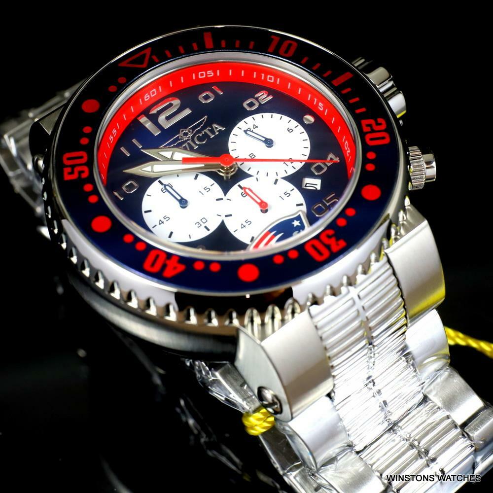 Invicta NFL Grand Pro Diver New England Blue Red Steel Chrono 52mm Watch New