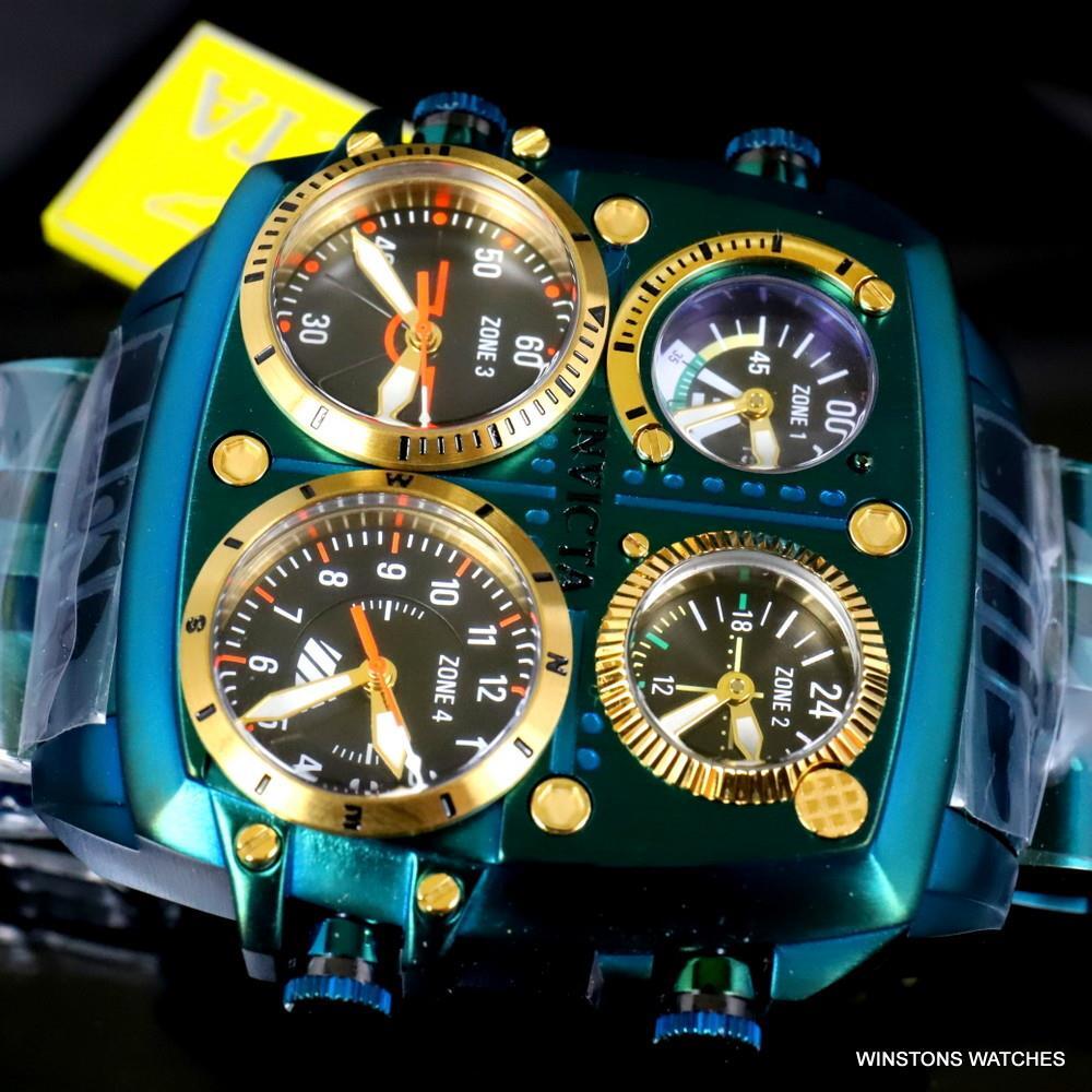 Invicta Aviator Zulu Green Stainless Steel Bracelet Quad Time 50mm Watch New