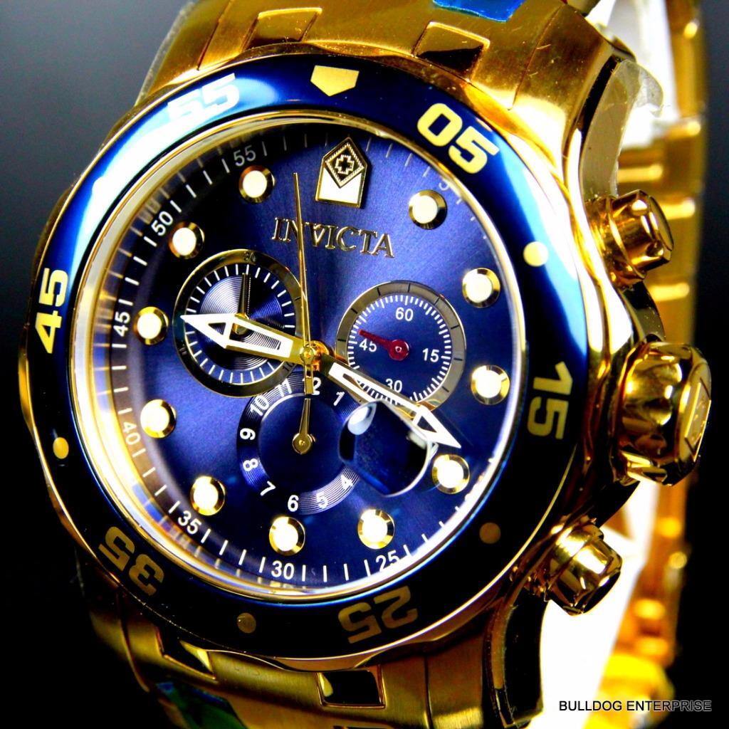 Invicta Pro Diver Scuba 18kt Gold Plated Steel Chronograph Blue 48mm Watch New