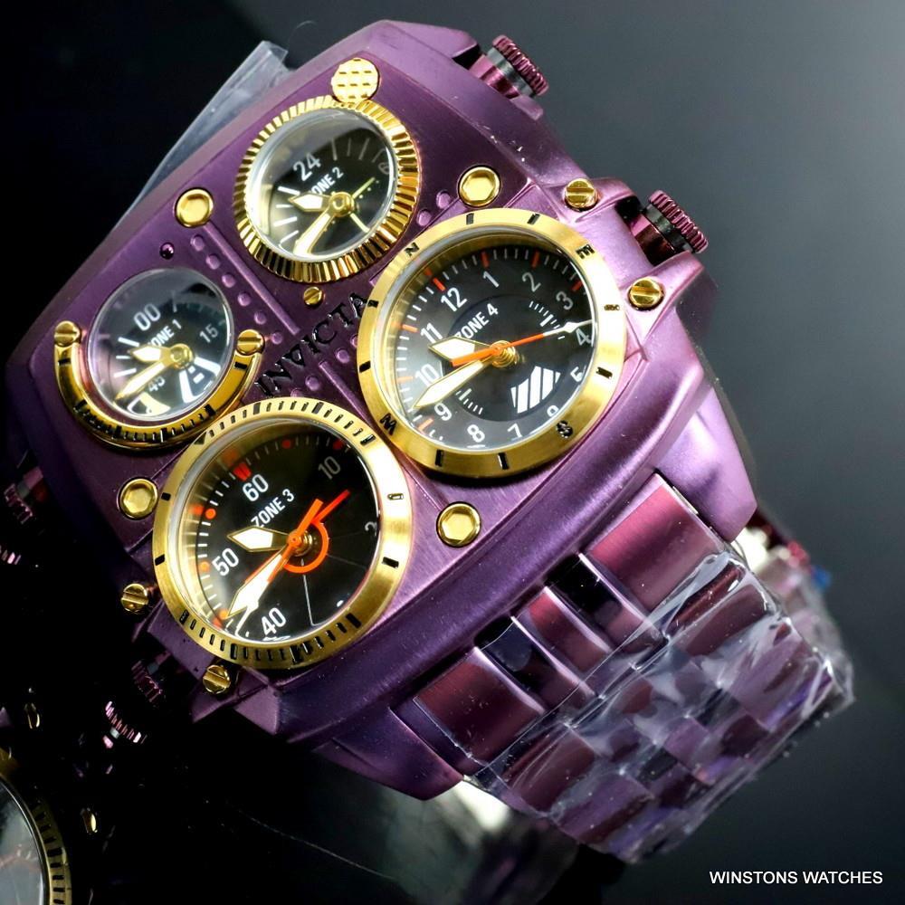 Invicta Aviator Zulu Purple Stainless Steel Bracelet Quad Time 50mm Watch New