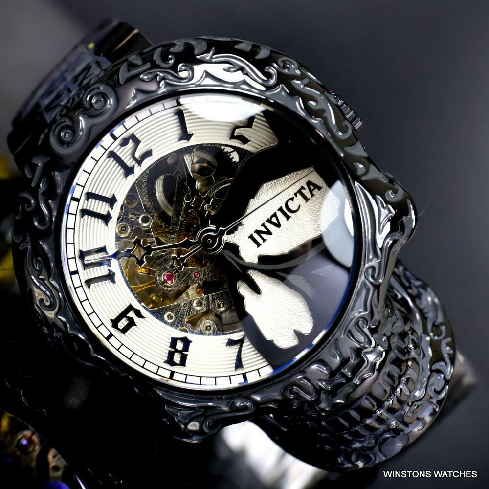 Invicta Artist Skull Automatic Skeletonized Black Stainless Steel 50mm Watch New