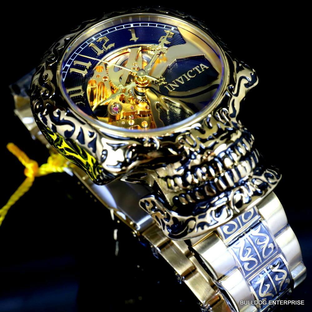 Invicta Artist Skull Automatic Skeletonized Gold Plated Steel 50mm Watch New
