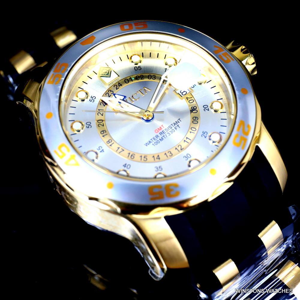 Invicta Pro Diver Scuba GMT Silver Tone Dial 18kt Gold Plated 49mm Watch New