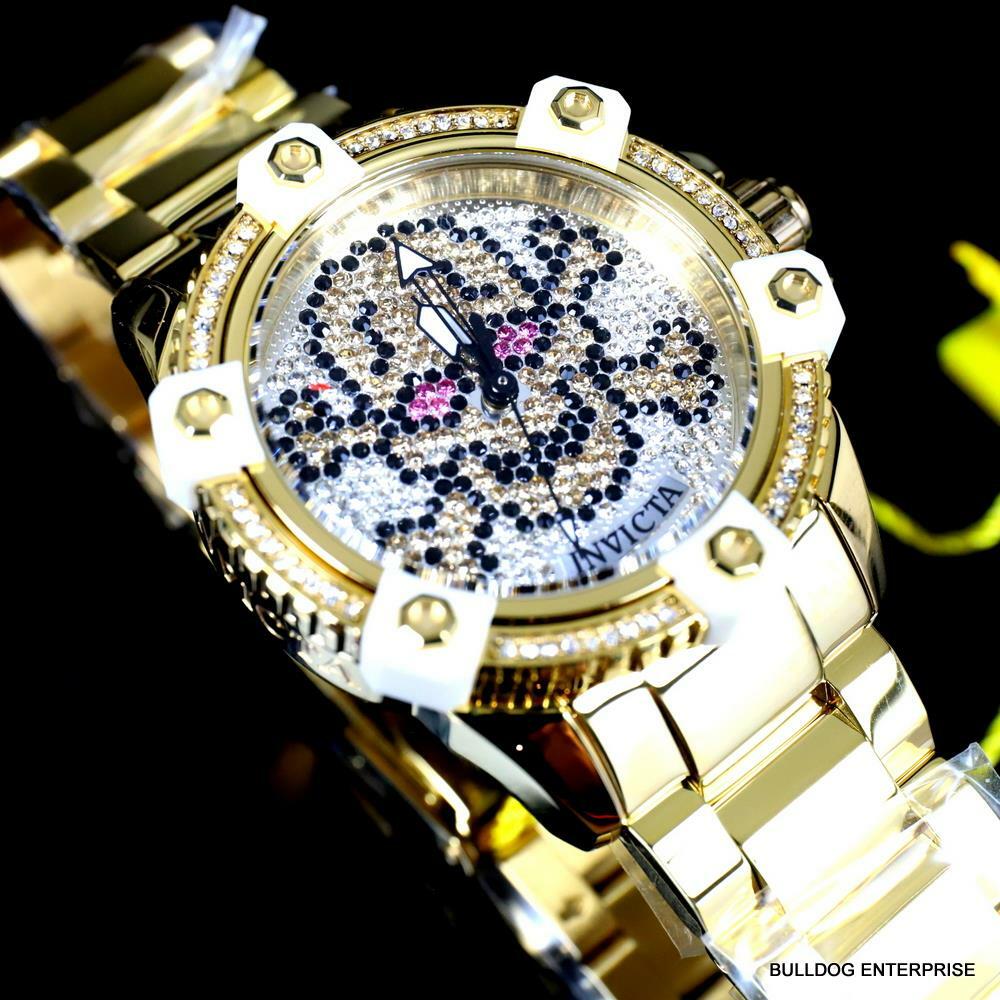 Womens Invicta Octane Skull Sparkling Crystals Gold Plated Steel 38mm Watch New