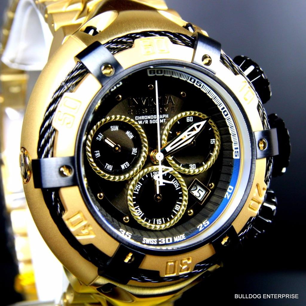Invicta Reserve Thunderbolt 56mm 18kt Gold Plated Black Chronograph Watch New