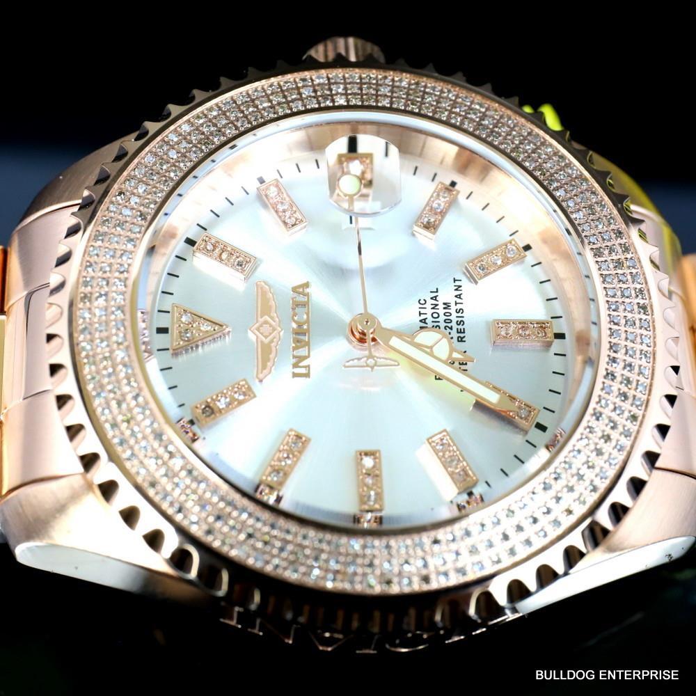 Invicta Pro Diver Automatic1.40 CTW Diamond Rose Gold Plated Silver Watch New