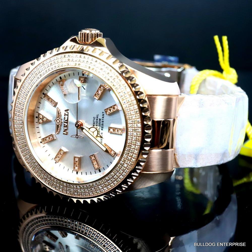 Invicta Pro Diver Automatic1.40 CTW Diamond Rose Gold Plated Silver Watch New
