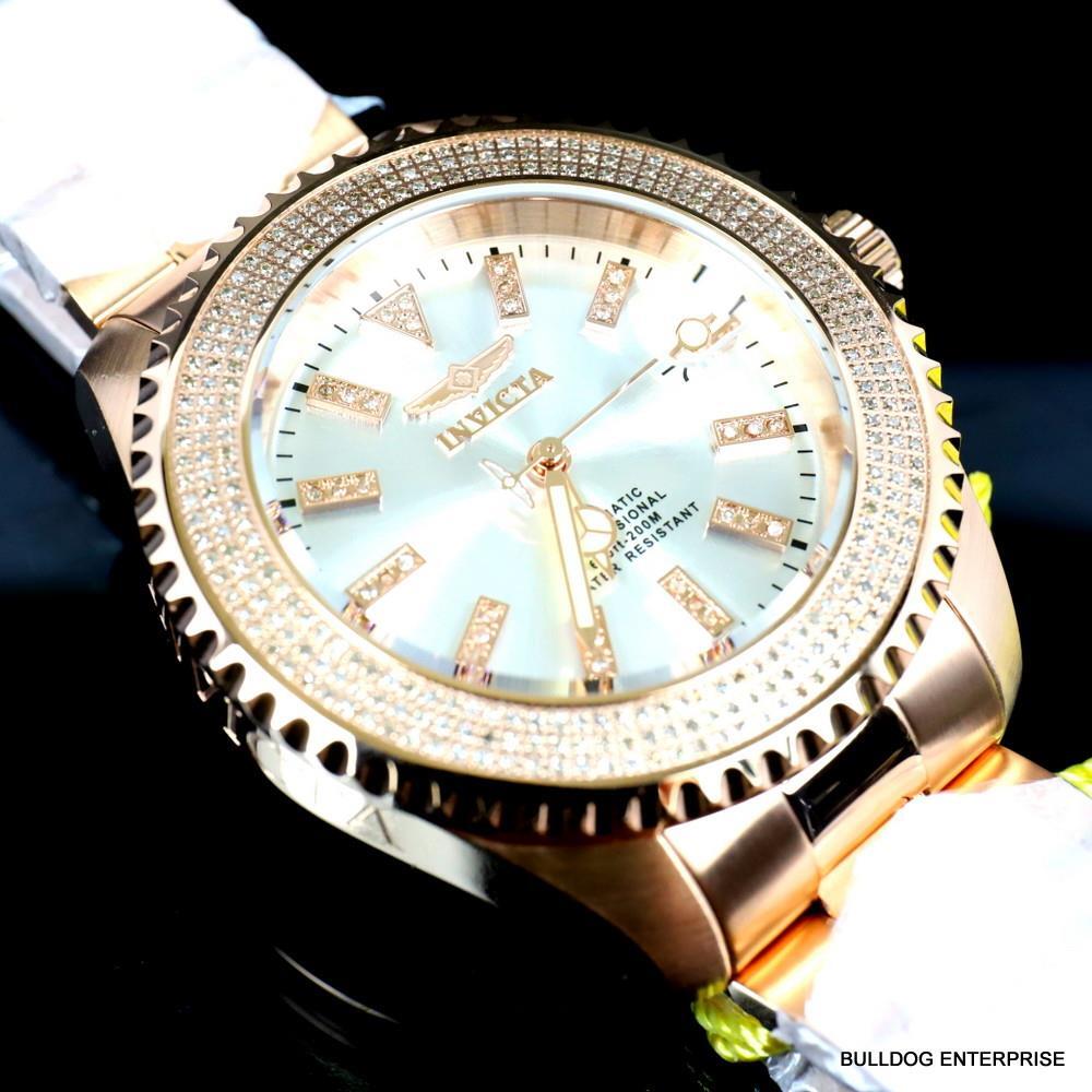 Invicta Pro Diver Automatic1.40 CTW Diamond Rose Gold Plated Silver Watch New