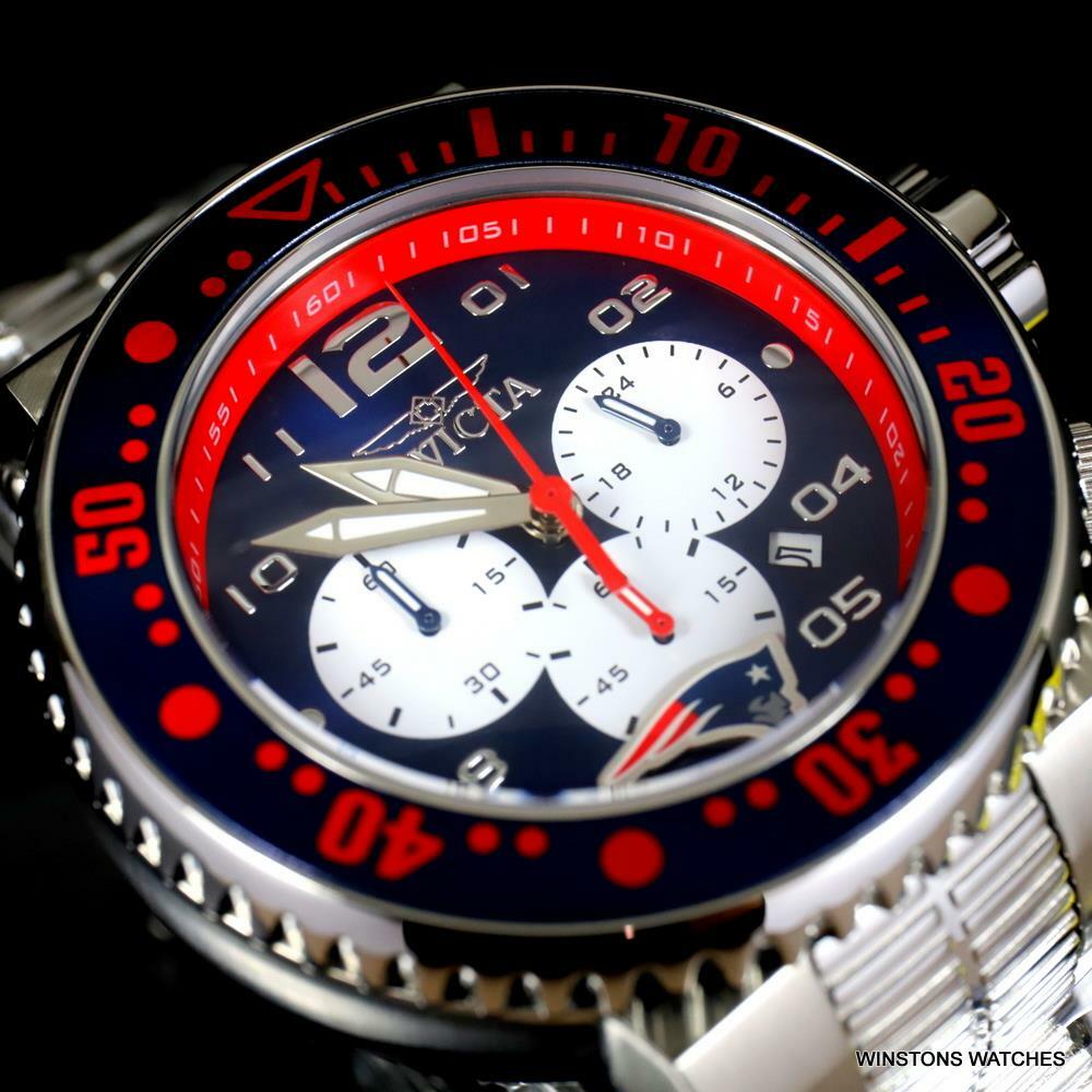 Invicta NFL Grand Pro Diver New England Blue Red Steel Chrono 52mm Watch New