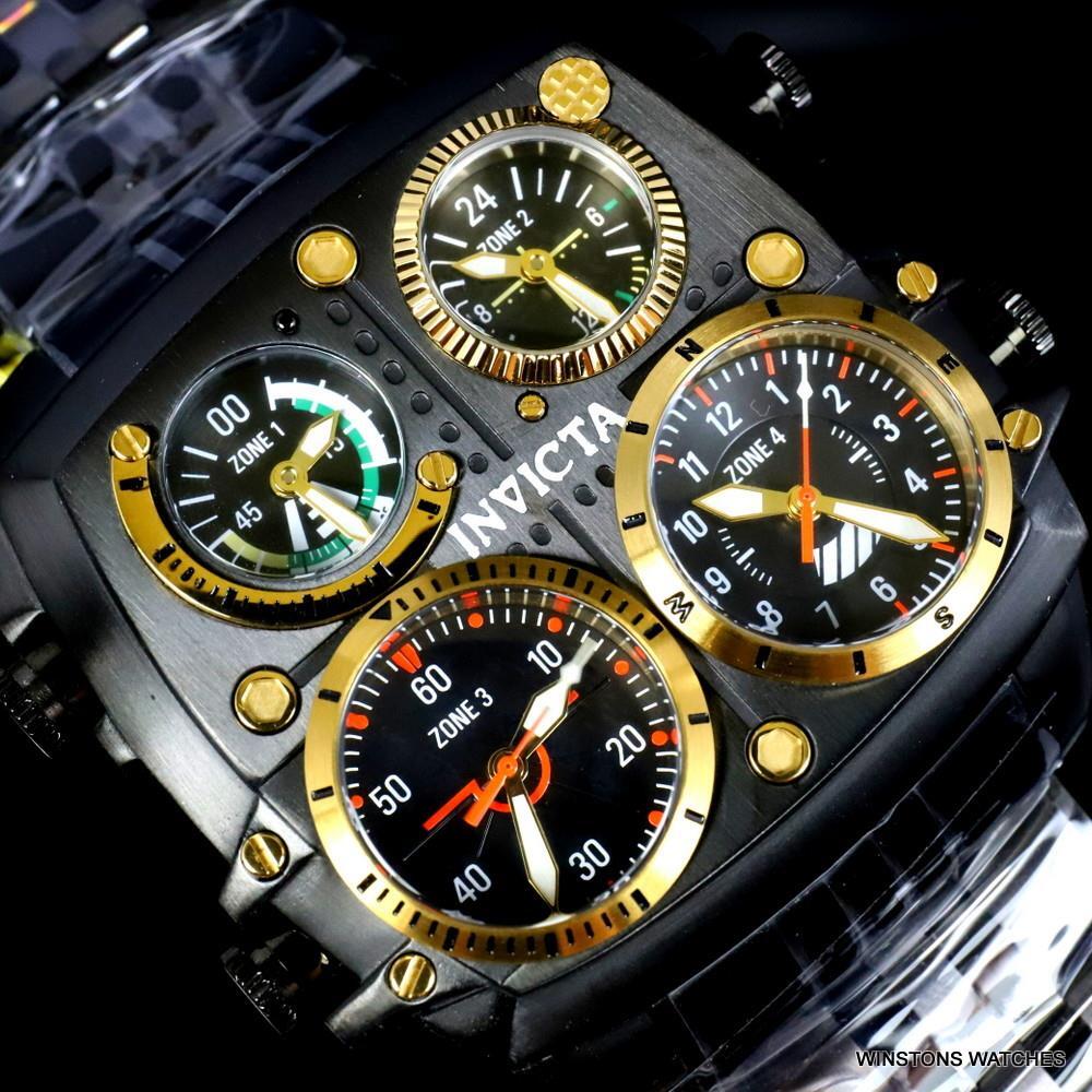 Invicta Aviator Zulu Black Stainless Steel Bracelet Quad Time 50mm Watch New