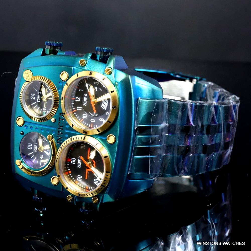 Invicta Aviator Zulu Green Stainless Steel Bracelet Quad Time 50mm Watch New