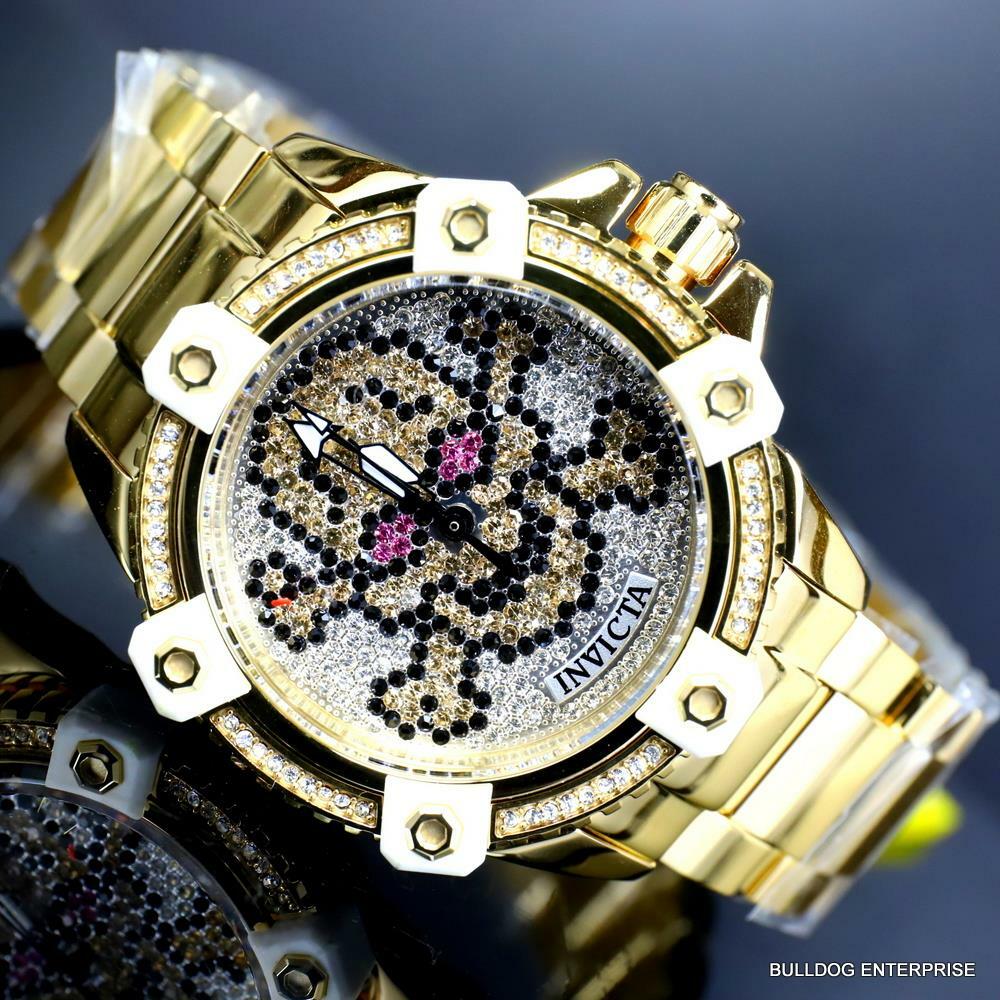 Womens Invicta Octane Skull Sparkling Crystals Gold Plated Steel 38mm Watch New