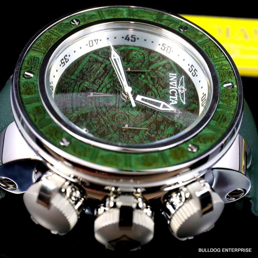 Invicta Subaqua Sea Dragon Wooden Aztec 52mm Green Leather Chronograph Watch New