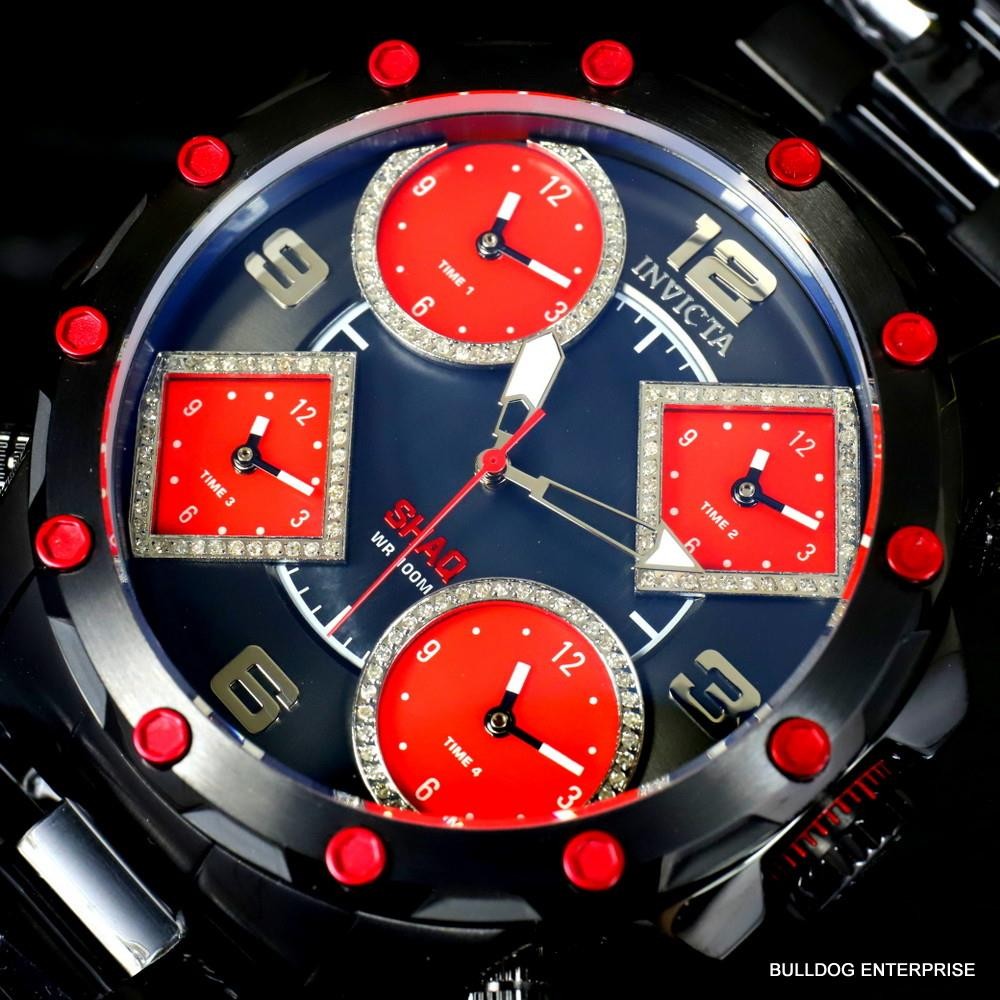 Invicta Shaq Diamond 5 Time Zone Red MOP Black Steel Chronograph 58mm Watch New