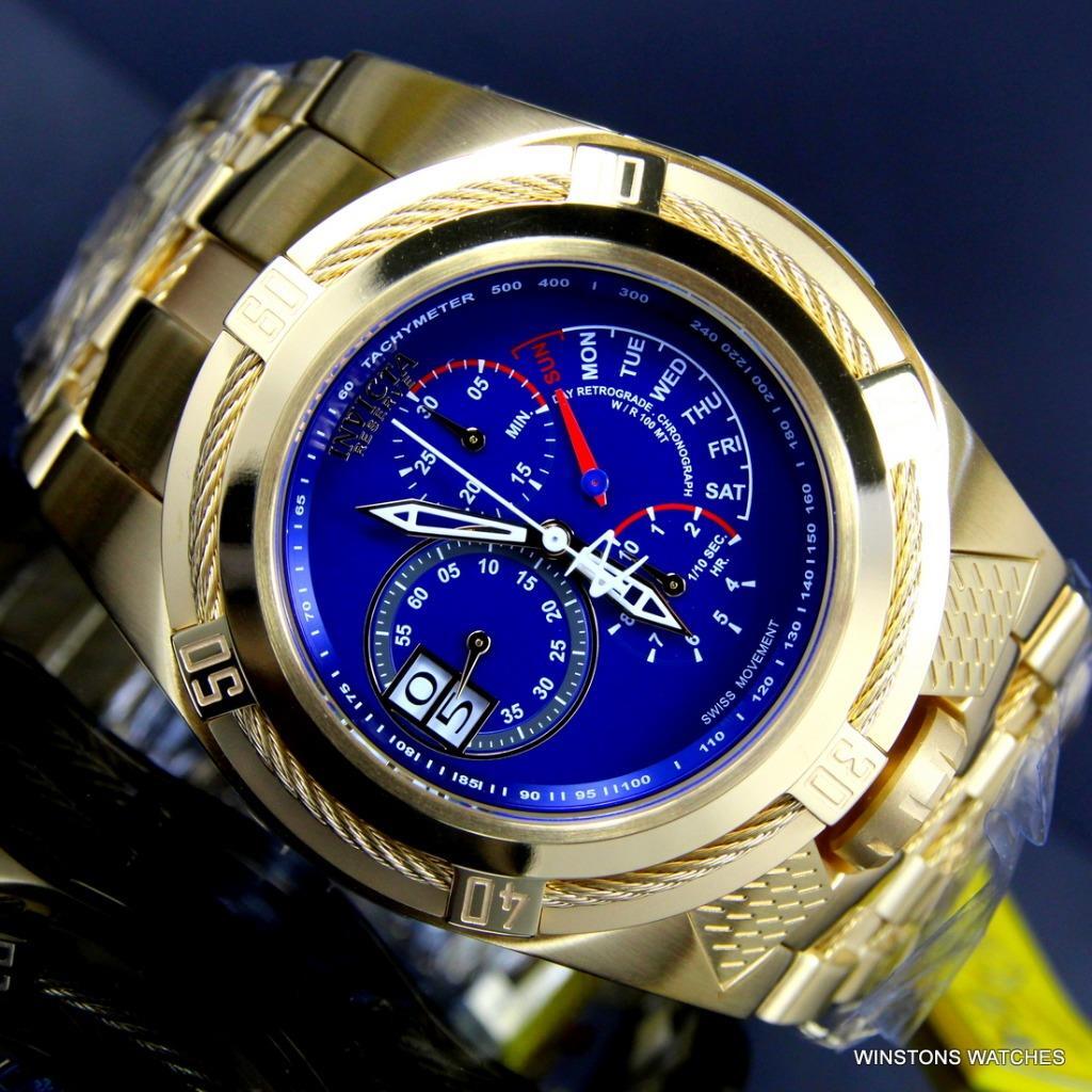 Invicta Bolt Zeus Tria Gold Plated Steel Blue 3 Swiss Mvt Dials 52mm Watch New