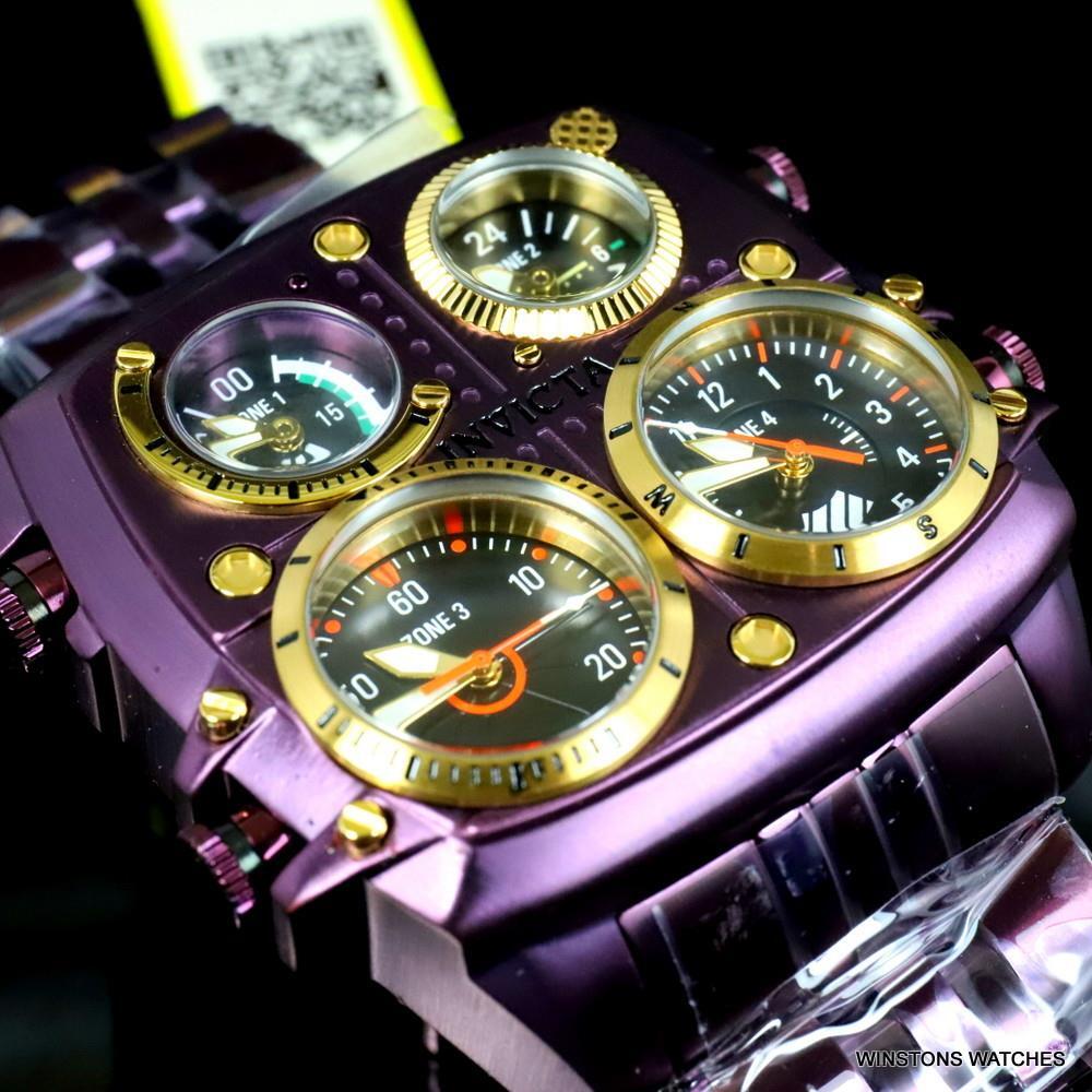 Invicta Aviator Zulu Purple Stainless Steel Bracelet Quad Time 50mm Watch New