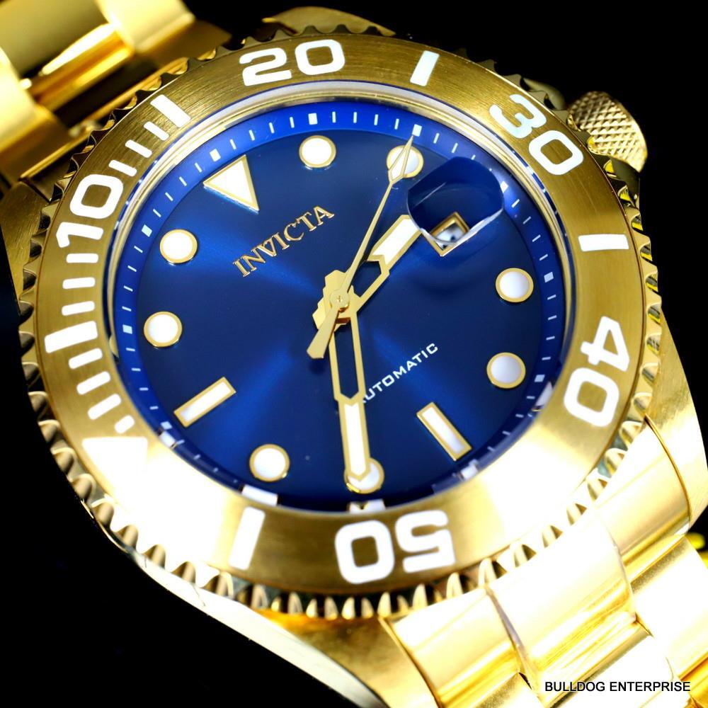 Mens Invicta Pro Diver Gold Plated Steel Bracelet Automatic Blue Watch 47mm New