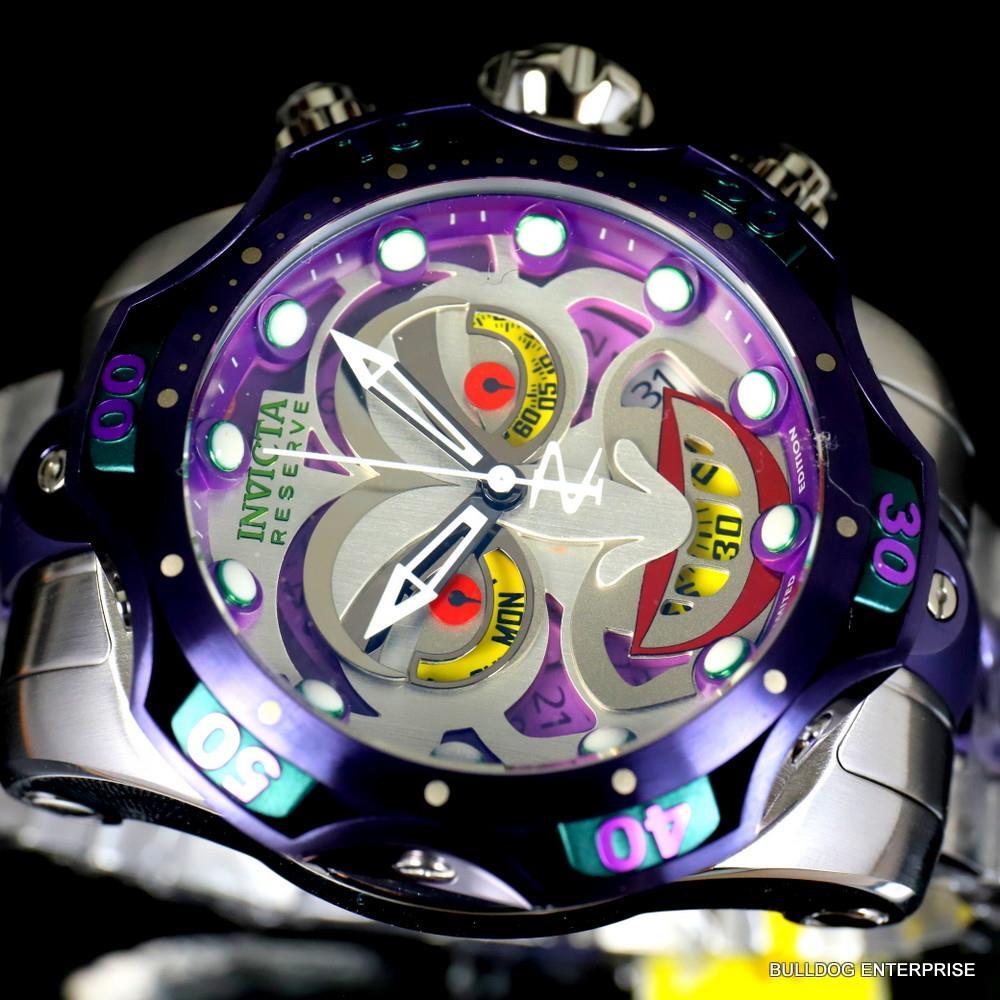 Invicta DC Comics Joker Venom Silver Tone Steel Purple Swiss Mvt 52mm Watch New