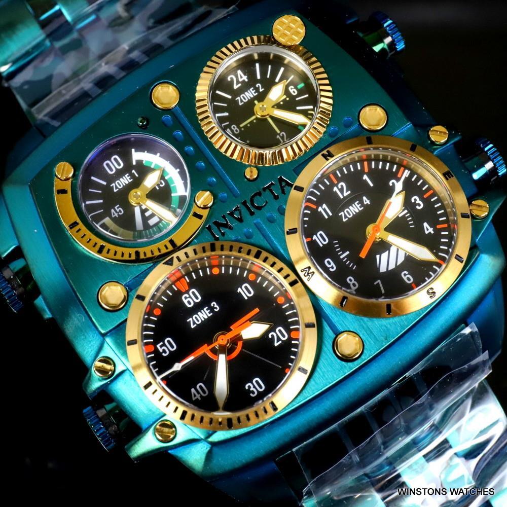 Invicta Aviator Zulu Green Stainless Steel Bracelet Quad Time 50mm Watch New