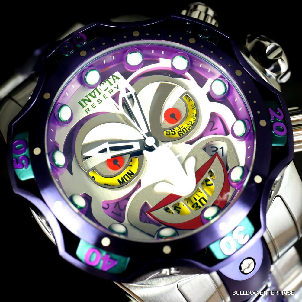 Invicta DC Comics Joker Venom Silver Tone Steel Purple Swiss Mvt 52mm Watch New