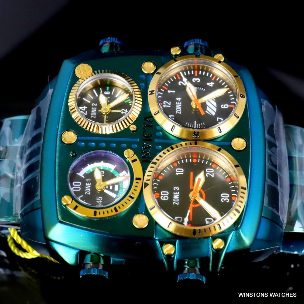 Invicta Aviator Zulu Green Stainless Steel Bracelet Quad Time 50mm Watch New