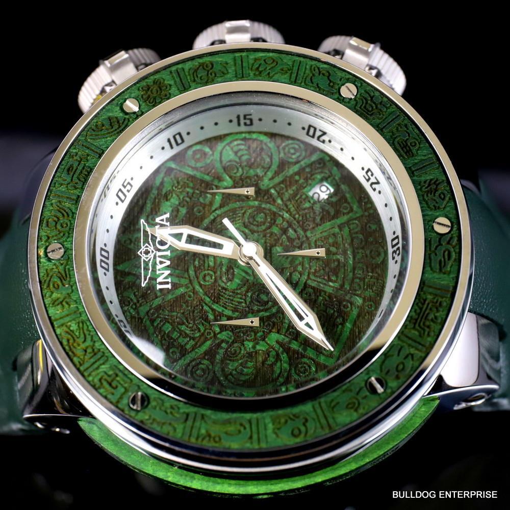 Invicta Subaqua Sea Dragon Wooden Aztec 52mm Green Leather Chronograph Watch New