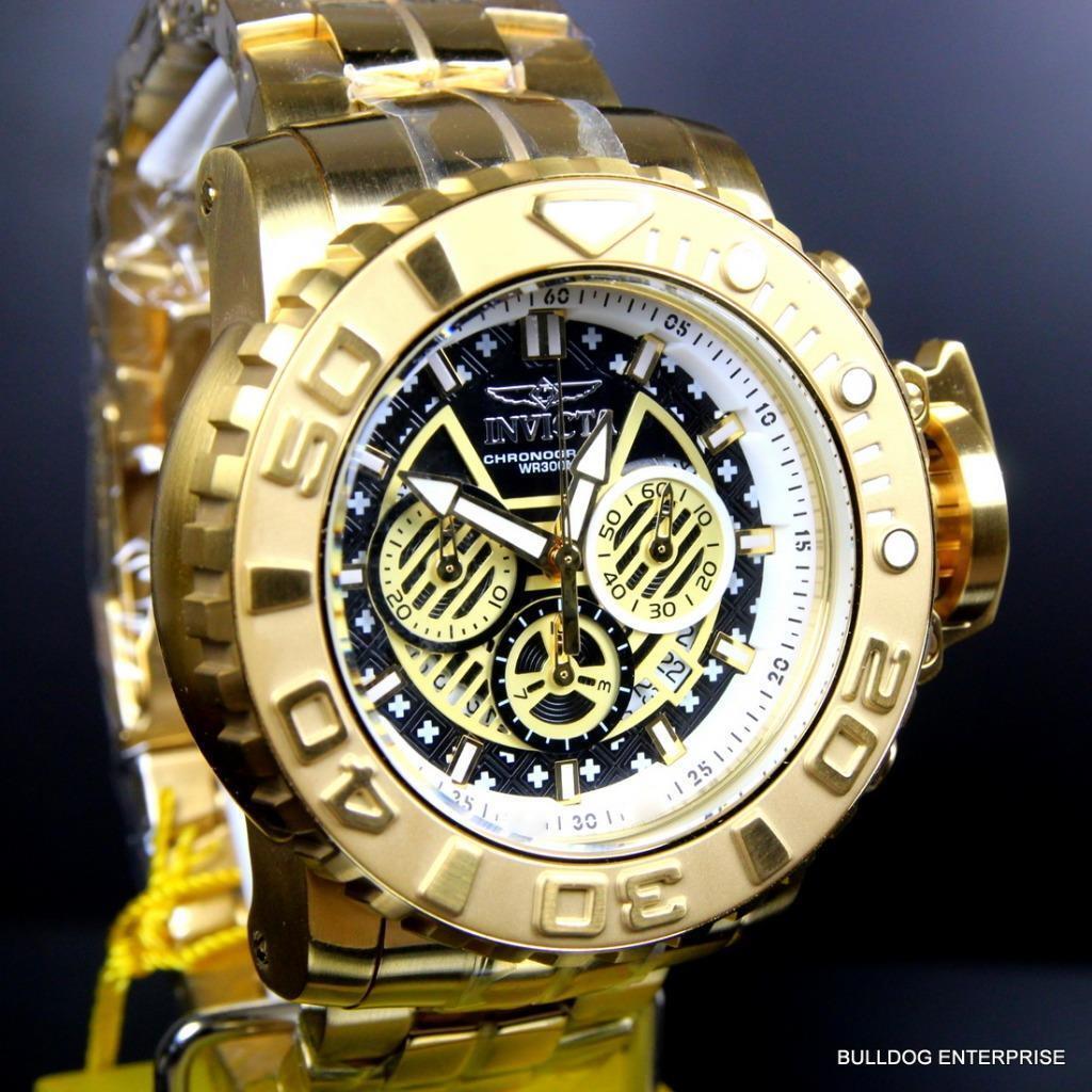 Invicta Sea Hunter III Black 70mm Swiss Mvt Chrono 18kt Gold Plated Watch New
