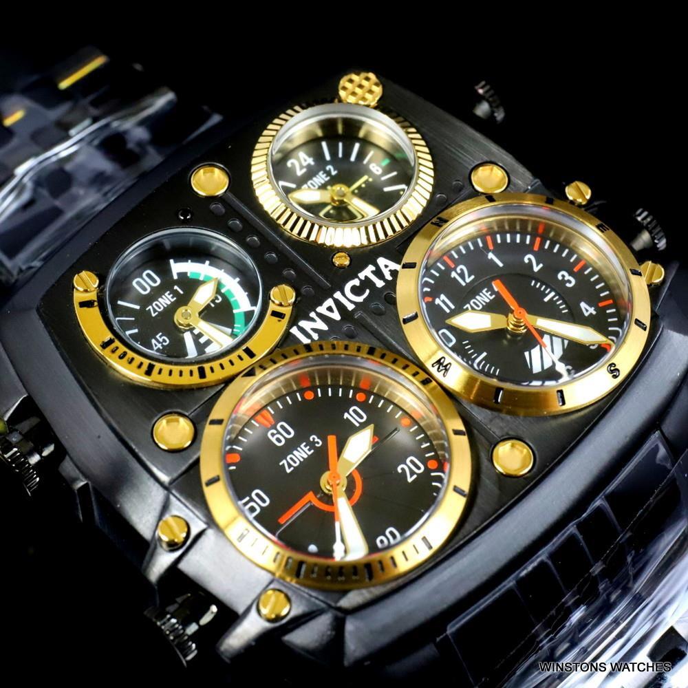 Invicta Aviator Zulu Black Stainless Steel Bracelet Quad Time 50mm Watch New