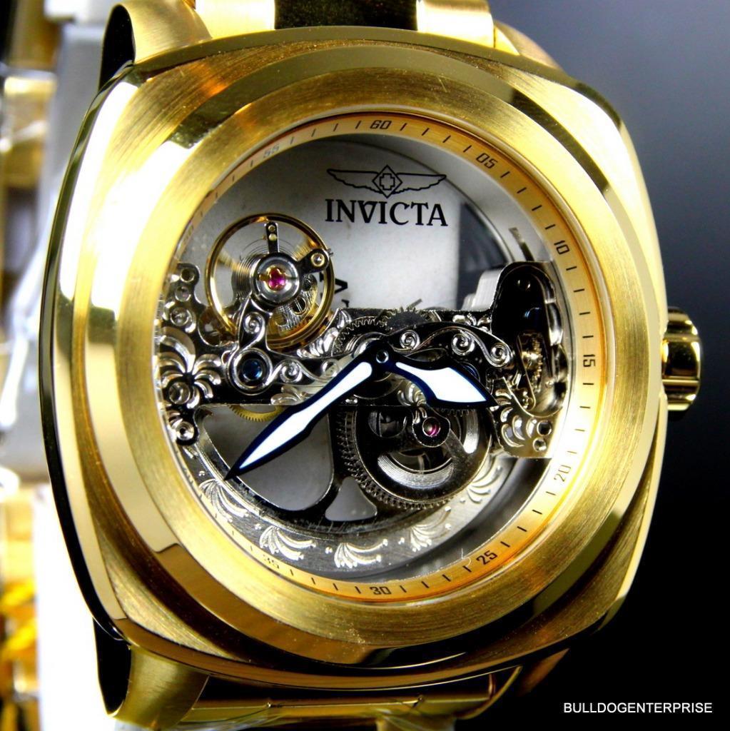 Mens Invicta Aviator Ghost Bridge Mechanical Skeleton Gold Plated 48mm Watch New