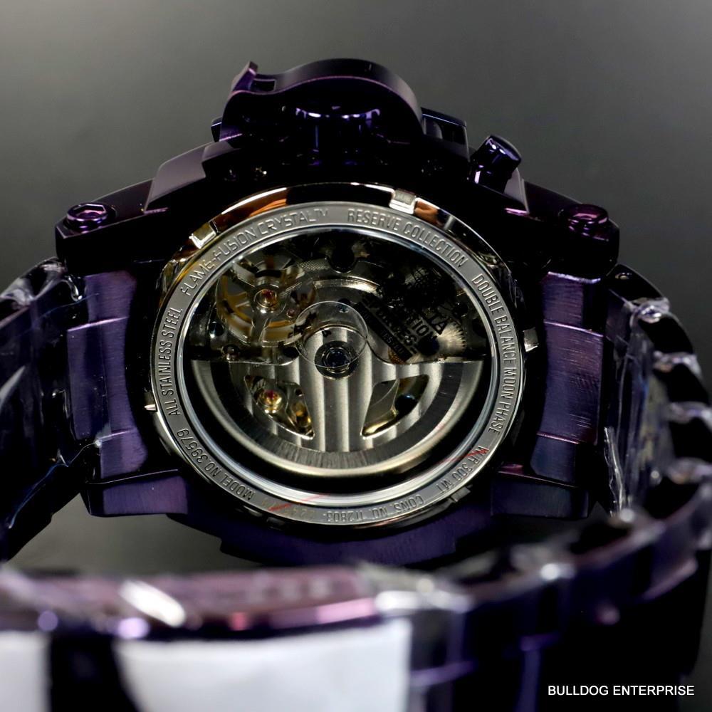 Invicta Man of War Double Open Heart Automatic Moon Phase MOP Purple Watch New