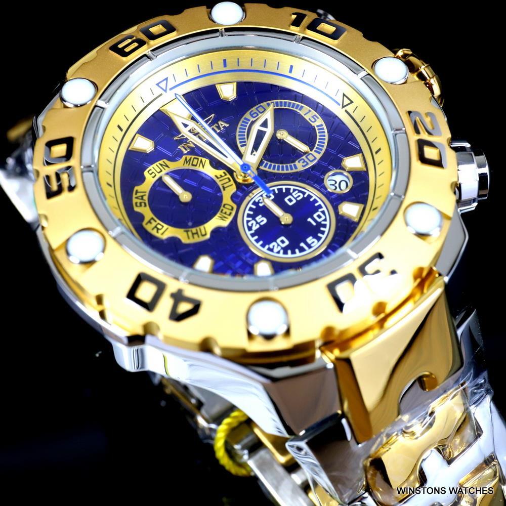 Invicta Excursion High Polish Gold Two Tone Steel Swiss Mvt 57mm Blue Watch New