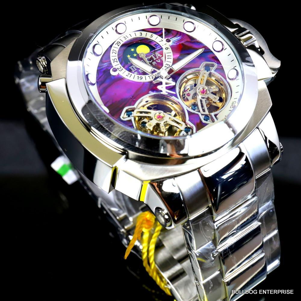 Invicta Man of War Double Open Heart Automatic Moon Purple Abalone Watch New